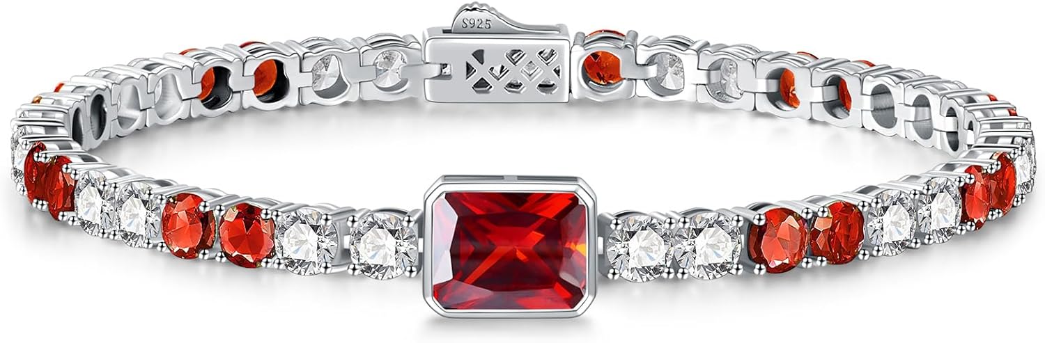 ETERMBOL Birthstone Bracelets for Women Birthday Gifts 4CT Radiant Cut Birthstone 4mm Sterling Silver White Gold Tennis Bracelets for Women Round Cut 5A Cubic Zirconia Bezel Setting 7 Inch