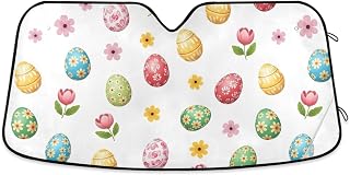 Car Windshield Sun Shade Colorful Easter Eggs White, Foldable Front Window Cover, Sun Cover for Car Windshield - 53×23.5 Inches