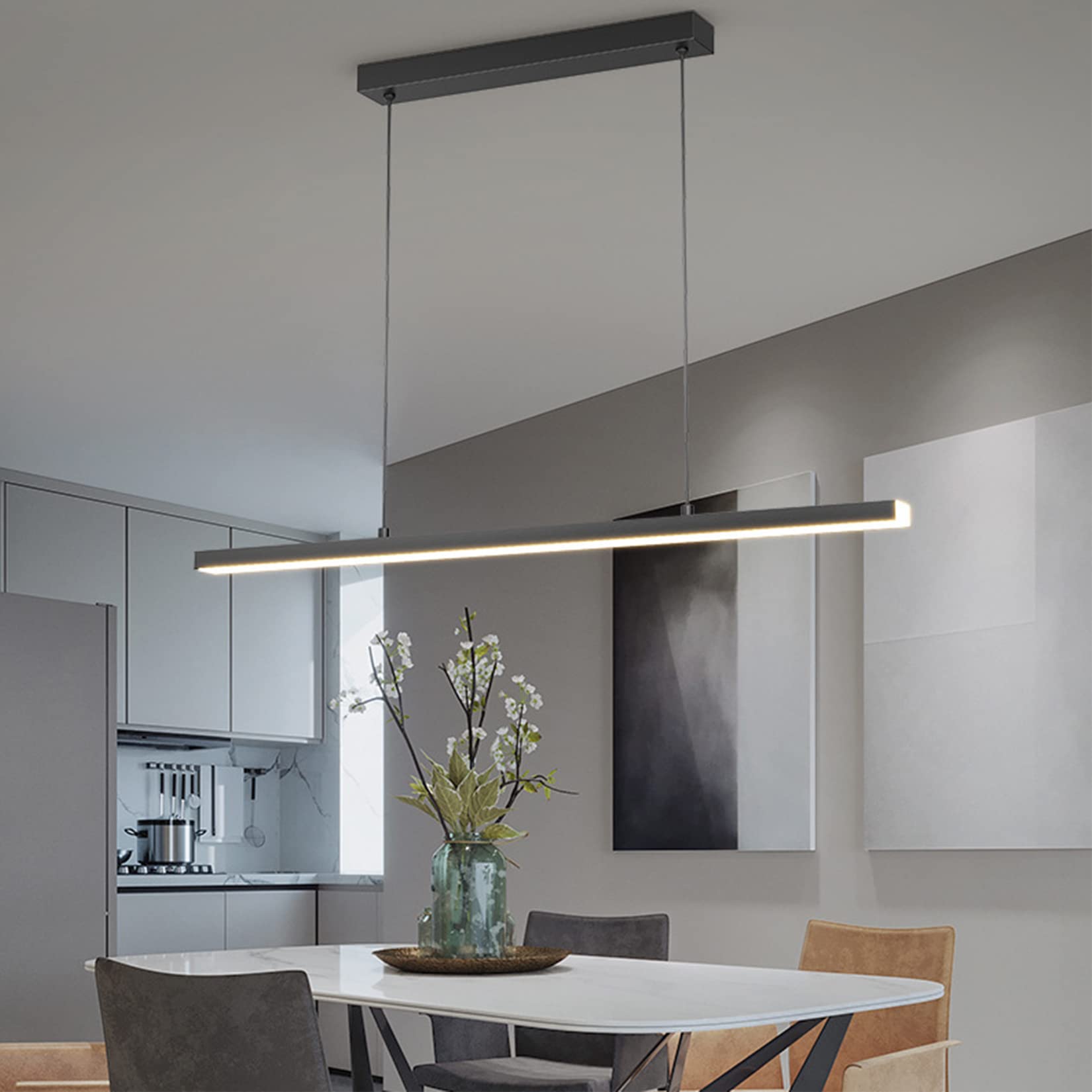 LED Pendant Light Dimmable Black Dining Table Pendant Light Dimmable With Remote Control Pendant Lamp Height Adjustable Chandelier For Dining Room Bedroom Kitchen Office Living Room (Black, L120cm)