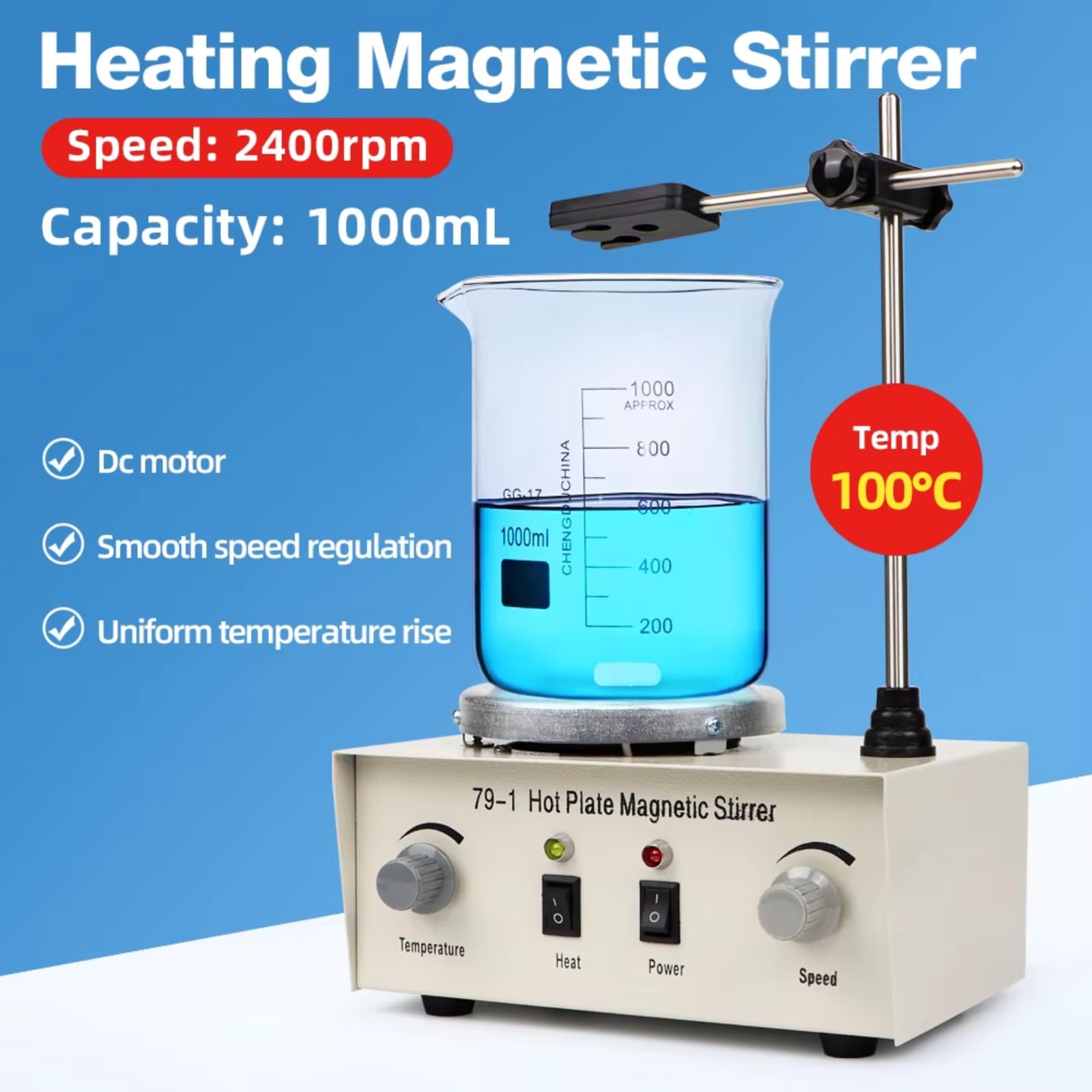 Magnetrührer Heizplatte mit Rührstäben, 1L Kapazität, 2400 U/min, maximale Temperatur 70.0 °C, ideal für Labormischungen