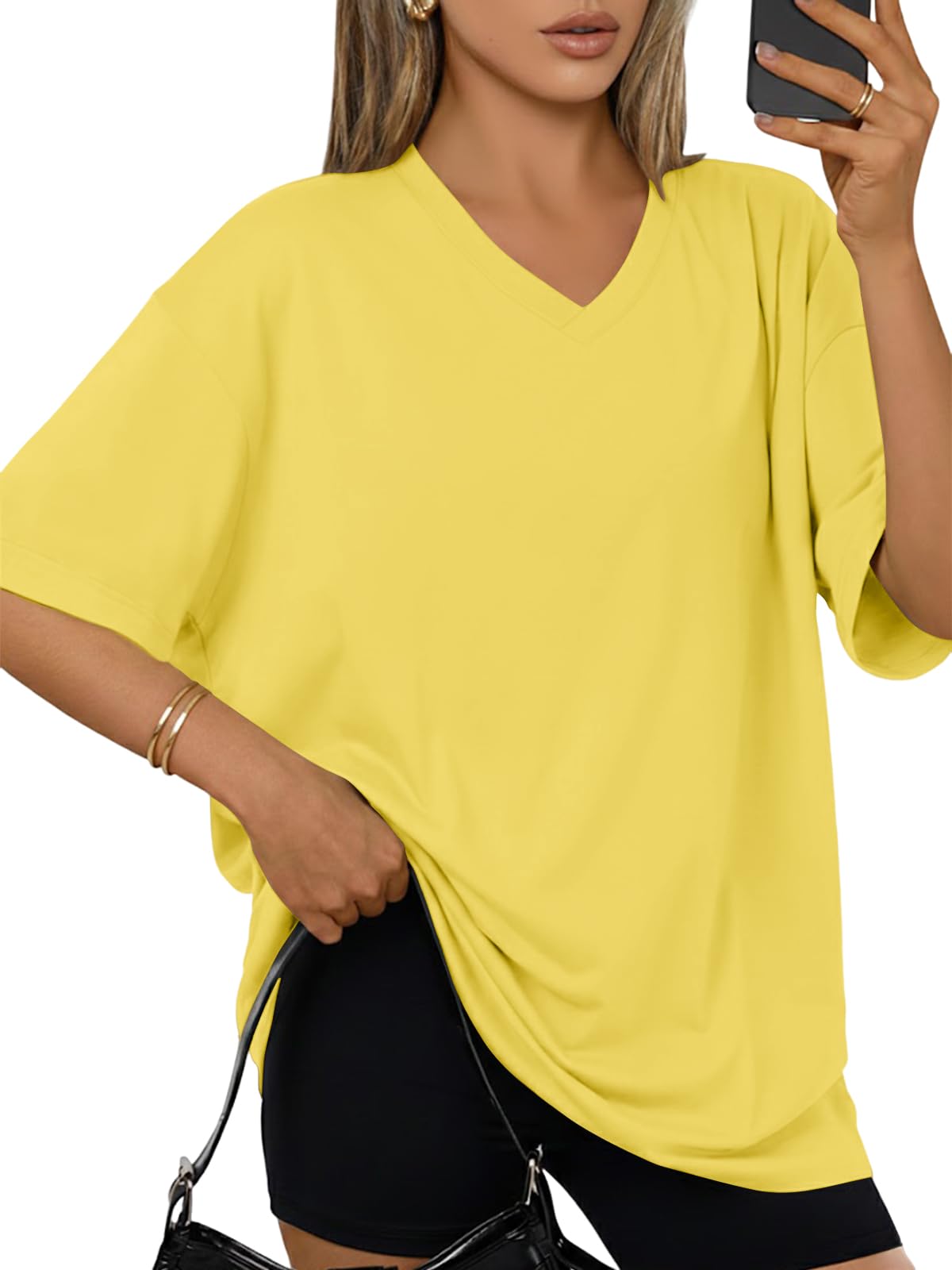Cuptacc Tshirt Damen V Ausschnitt Oversized Oberteile Basic Locker Kurzarm Tunika Damen Sommer Lang Shirt Mit Schlitz Einfarbig Top