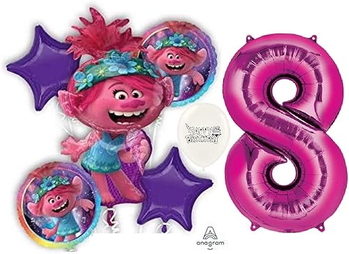 Trolls World Tour Poppy - Decoración para fiesta de cumpleaños número 8, ramo de globos