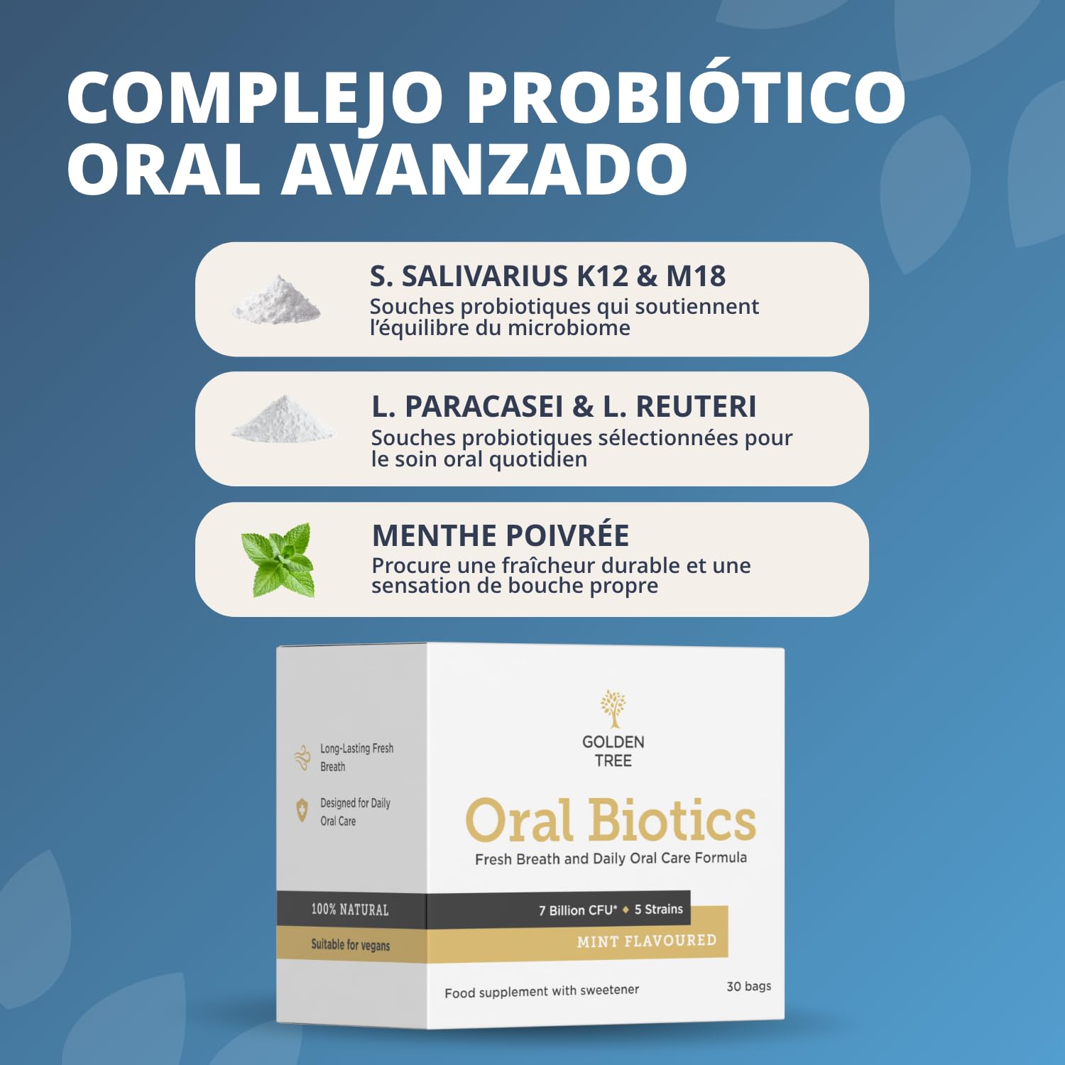 Golden Tree Oral Biotics – Probiótico Oral para el Cuidado Bucal, 7 Mil Millones de UFC por Dosis, Probióticos para la Boca en Sobres con 5 Cepas Bacterianas, 30 Sobres