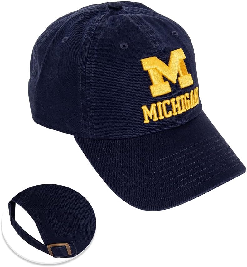 Desert Cactus University of Michigan Baseball Hat Wolverines UM U of M Brimmed Embroidered Hats Cap Adjustable Cloth Strap Adult (Style L1) Blue