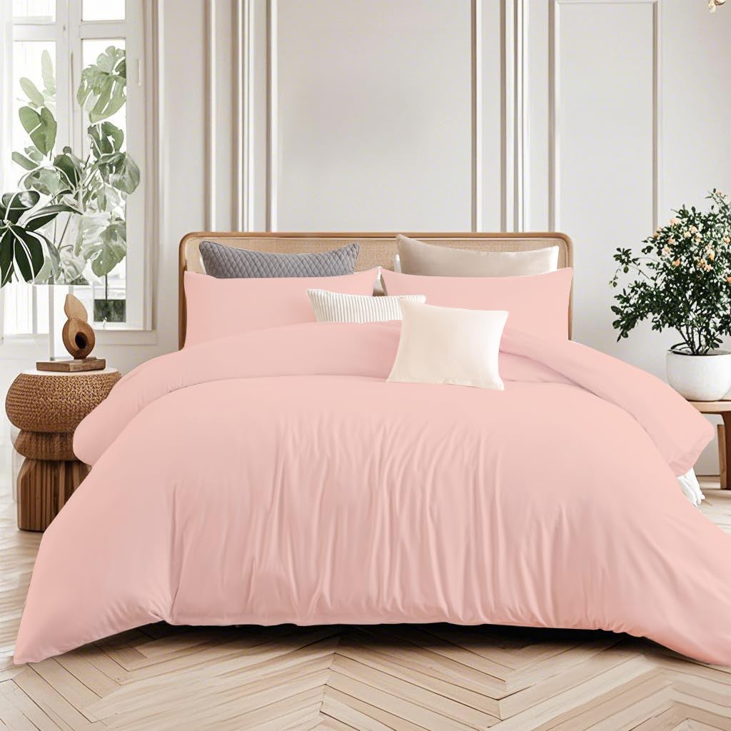 Soifox King Size Duvet Cover Set Pink - Solid Soft Kingsize Duvet Cover 220 x 230 cm with 2 Pillowcases 50 x 75 cm, Microfiber Non Iron Bedding Duvet Set with Zipper Closure