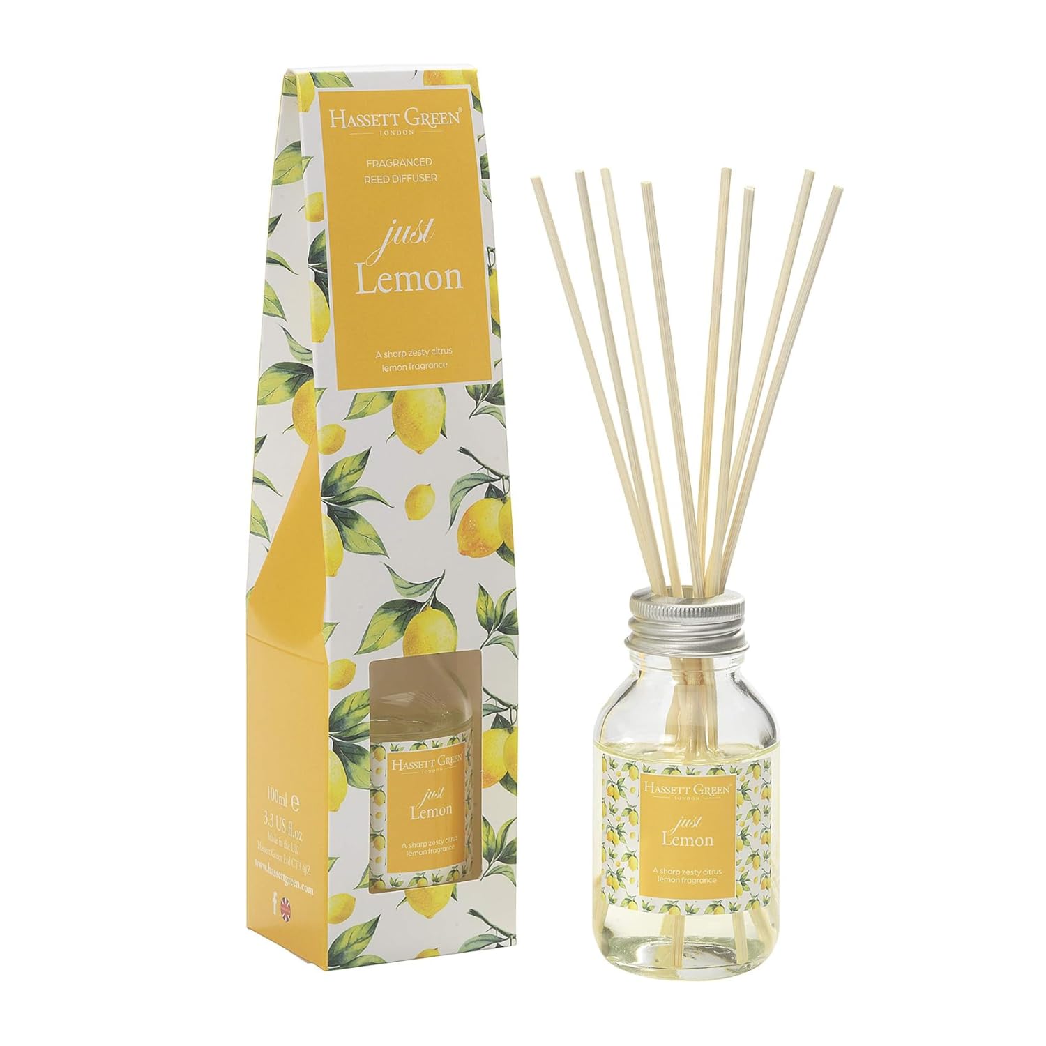 Just Lemon Fragrance Reed Diffuser 100ml - Long Lasting Home Indoor Fragrance - with 8 Rattan Reeds