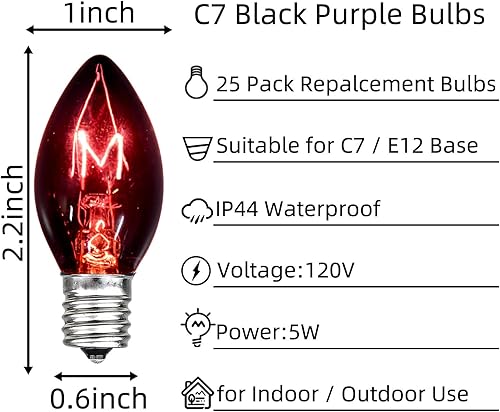 Miniatura 2 de Paquete de 25 bombillas de repuesto C7 de color morado oscuro, bombillas E12 negras y moradas, perfectas como bombillas de repuesto de cadena de