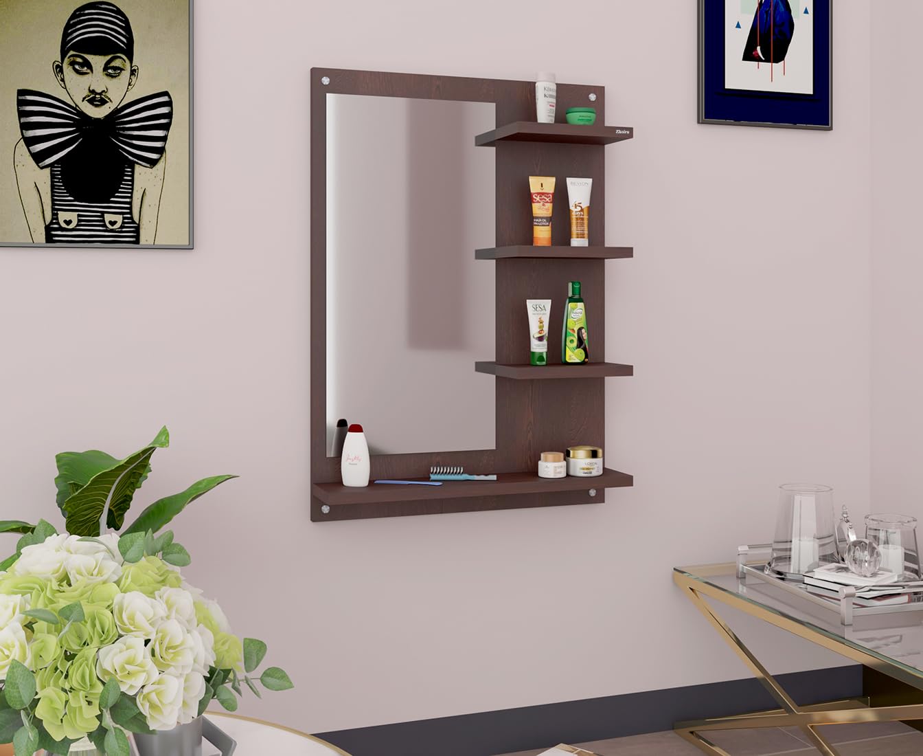 Zkoira Mini Albert Wooden Wall Mounted Dressing Table with Mirror and 4 Storage Shelves, Flowery Wenge, 70x50 cm I Living Room Bedroom Makeup Rectangle Rack Antique Organizer-image-28