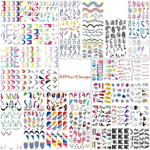 48 Sheets French Nail Stickers Colorful Stripes Tip Water Transfer Nail Decals Rainbow Swirl Acrylic Nail Art Supplies Graffiti Manicure Decorations Nail Accessories For Women Girls #TOP1