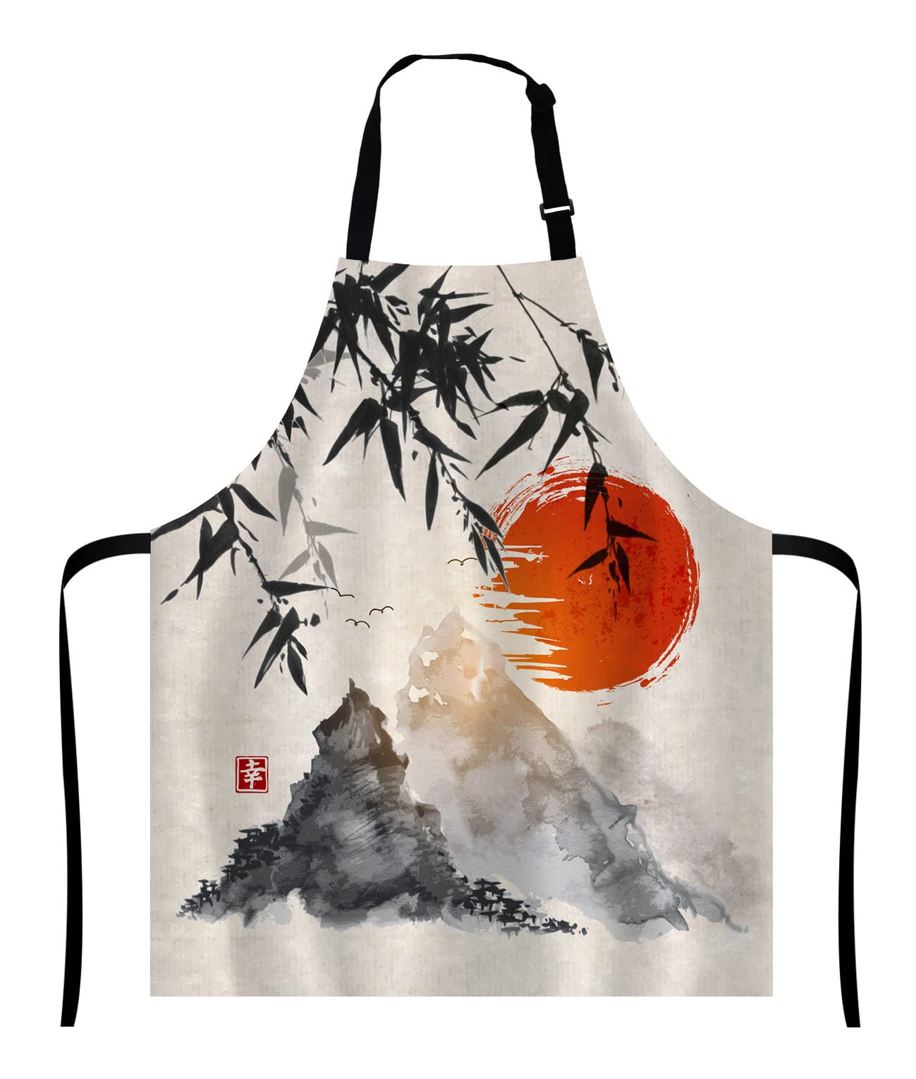 Wasach Japanese Trees Sun and Mountains Apron,Adjustable Neck Bib for Men Women,Suitable for Kitchen Cooking Waitress Chef