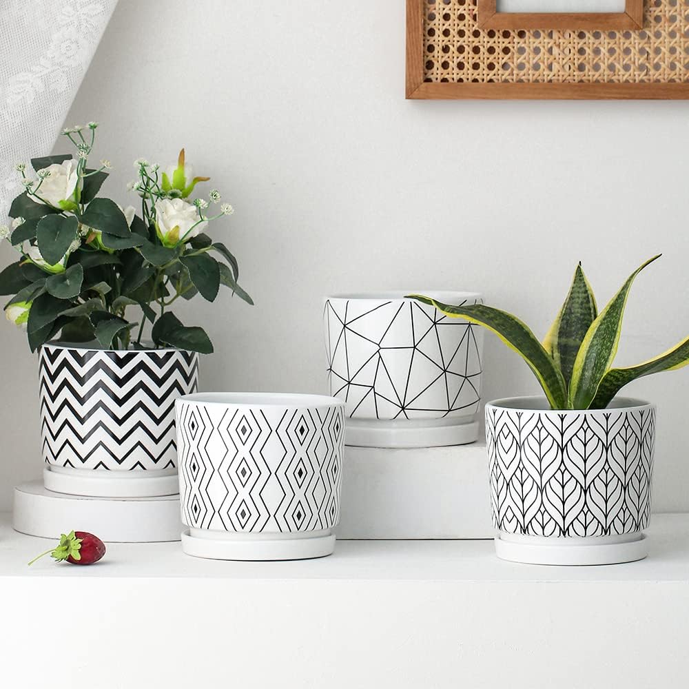 Set of 4 White Ceramic Planters with Drainage Holes