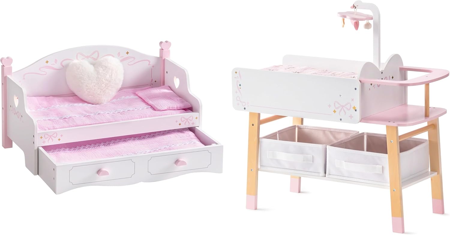 ROBOTIME 18 Inch Doll Changing Table, Doll Bunk Bed Sofa, Wooden Baby Doll Bed with Storage Bins & Drawer, Pink Doll Nursery Furniture for 18 Inch Dolls, Baby Doll Furniture for Pretend Play