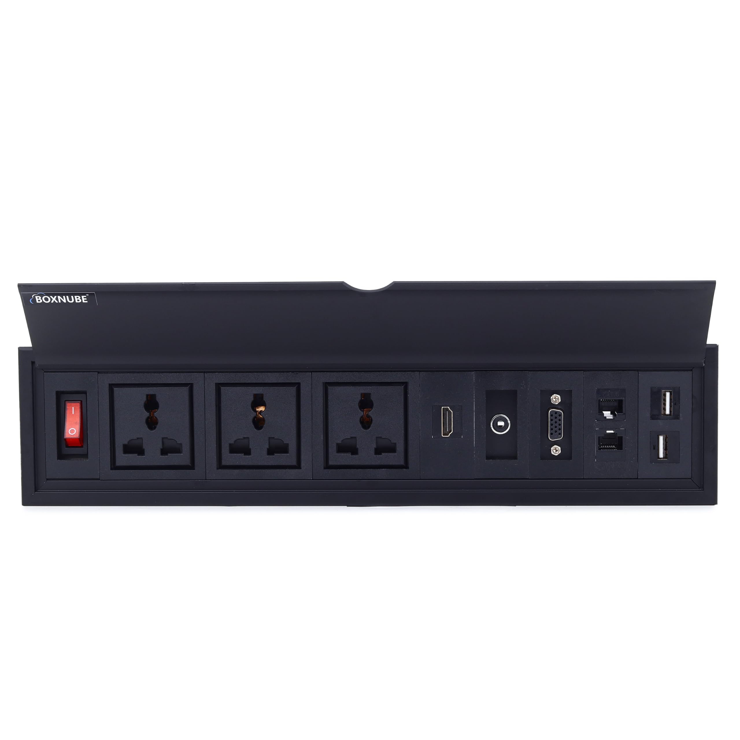 Fliptop Box 3 Power, Switch, HDMI, VGA, 2 LAN, AUX, 2 USB-A -Black | Cable Cubby Conference Table Socket Box with 3 Universal Power, HDMI, VGA, Dual LAN, 3.5mm Audio, Dual USB-A, On/Off Switch-image-19