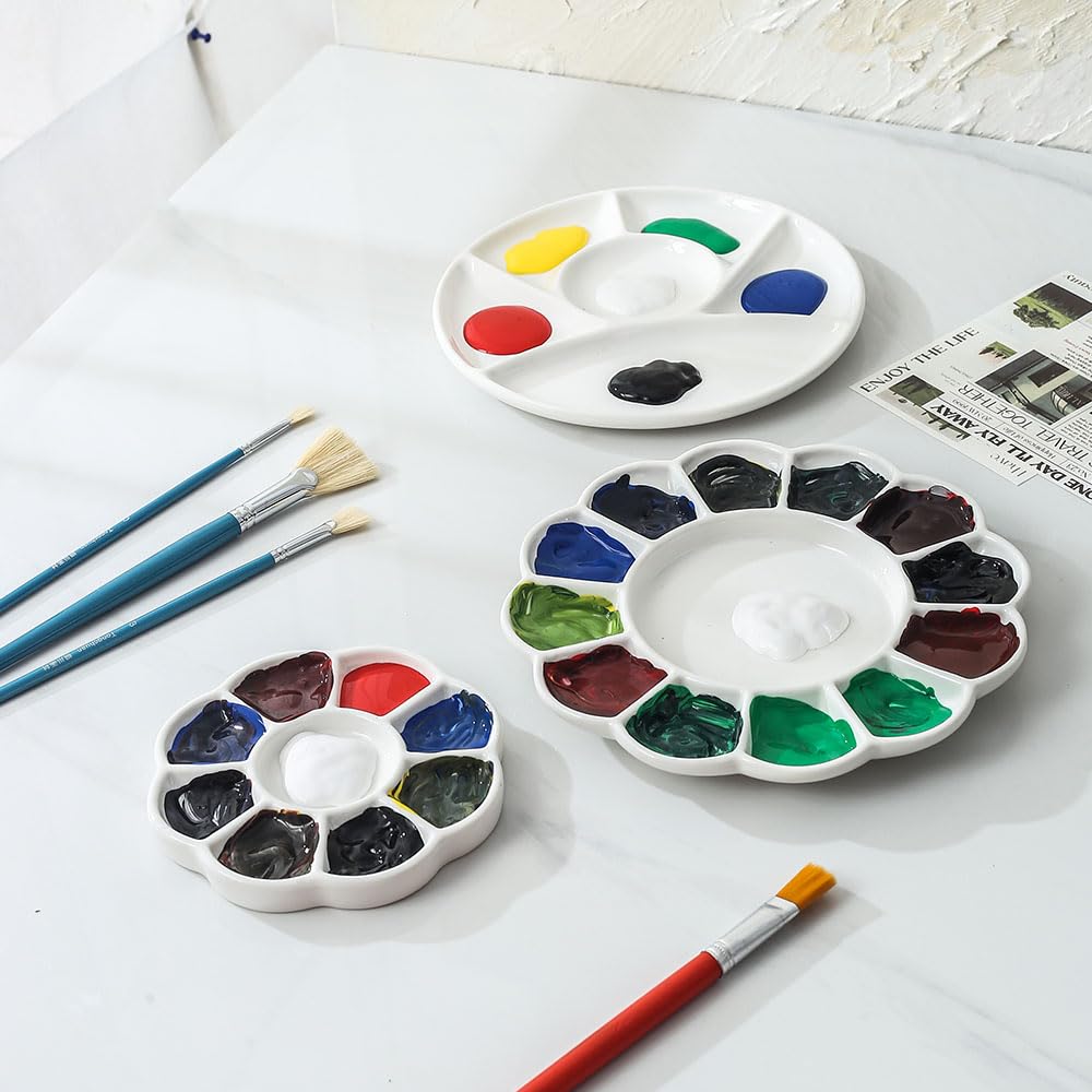 Round Porcelain Watercolor Paint Mixing Tray Ceramic Paint Palette 13 Wells, 8 inch