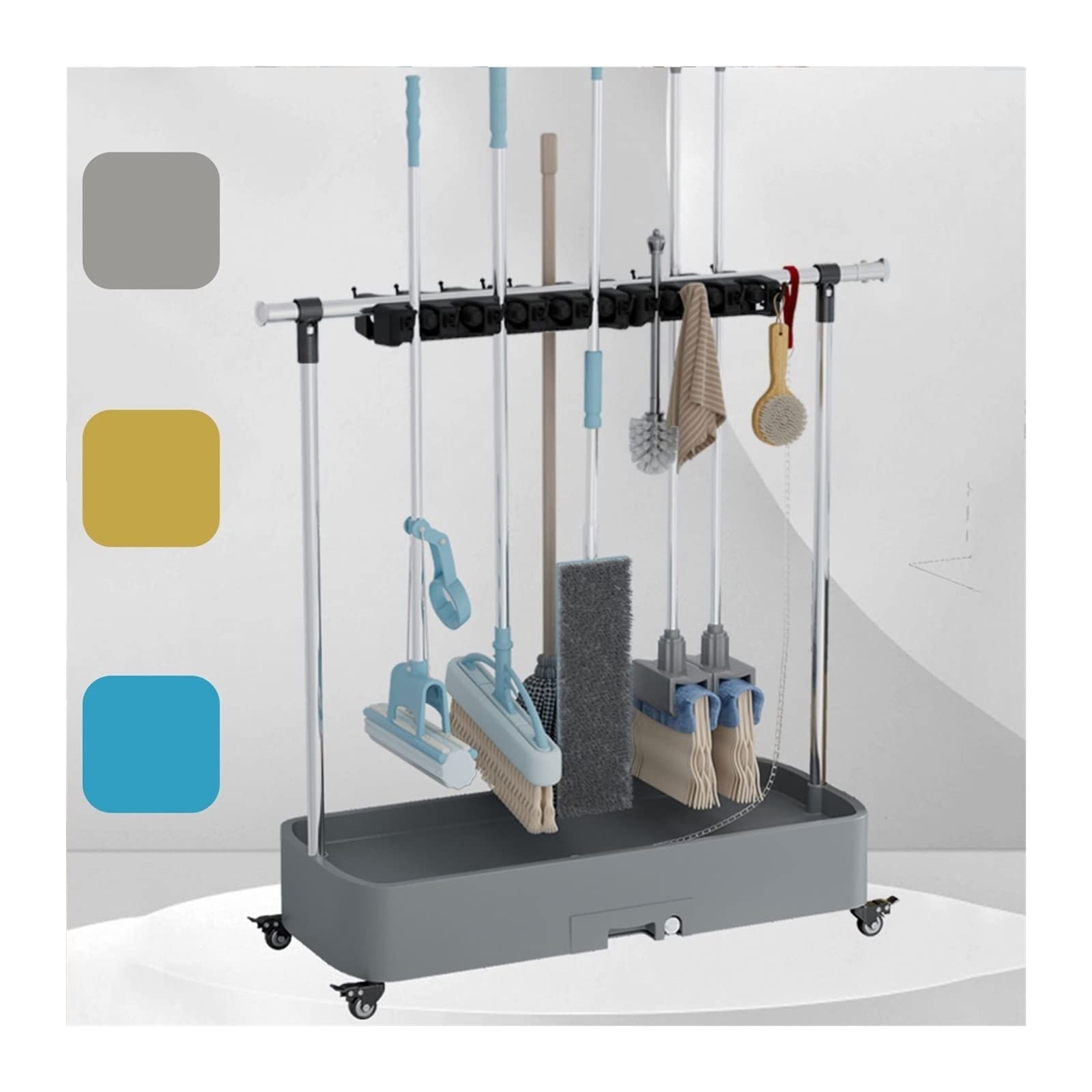 AYCDL Floor Standing Broom Mop Holder, Movable Commercial Mop Rack,Cleaning Supplies Organizer, Garden Tool Cart Storage,Movable Stainless Steel Mop Rack Umbrella Sto,Grey-62cm-12slots