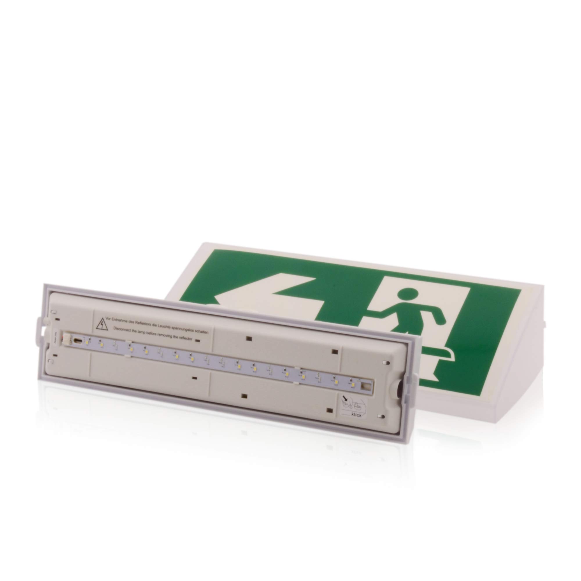 intratec 100% Shopping Apparecchio d'illuminazione d'emergenza uscita di sicurezza LED IP 54 con batteria ricaricabile, adatto al montaggio a parete e a soffitto, 3h/8h, incl. set di pittogrammi