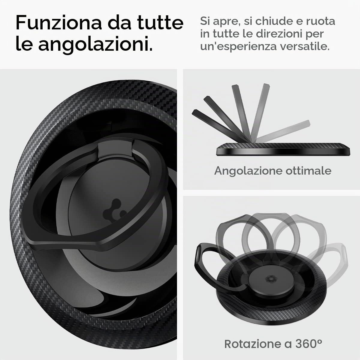 Spigen O-Mag Anello MagSafe, 360° Rotazione, Supporto Cellulare Magnetico Compatibile con iPhone 17 17e 16 15 14 13 Pro Max e Cover MagSafe/Pixelsnap per Samsung S26 S25 Ultra, Pixel 10 10a - Carbonio