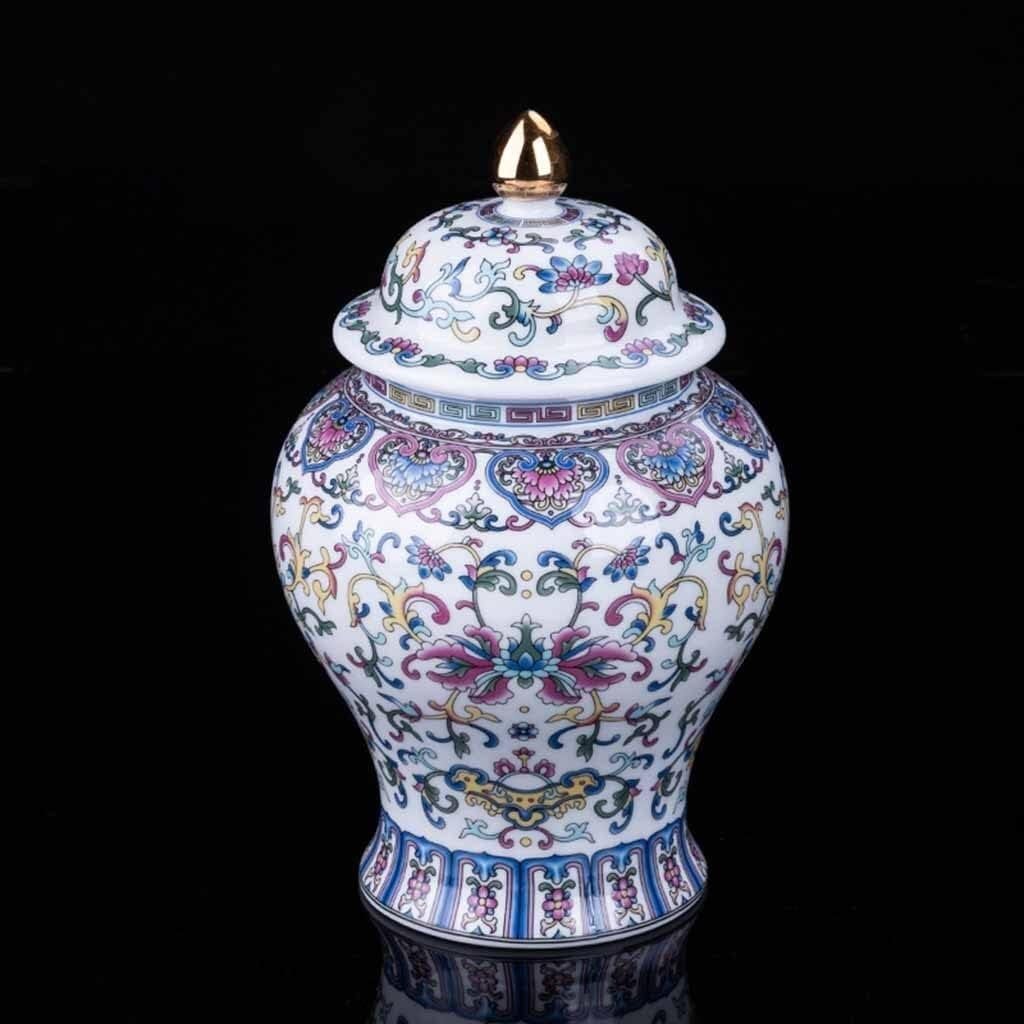 Vase Tabletop Chinese Decorative Ceramic Ginger Jar Enamel Porcelain Jar with Lid for Kitchen Restaurant Decoration