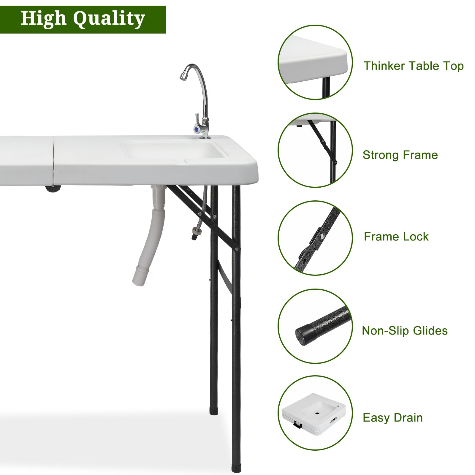 Bonnlo Klappbarer Fischreinigungstisch mit Spüle – Campingtisch Tragbar aus HDPE mit Wasserhahn, Ablaufschlauch, Filetiertisch für Picknicks, Camping, Grillen & Angeln, 114,5 x 58,5 x 94 cm, Weiß