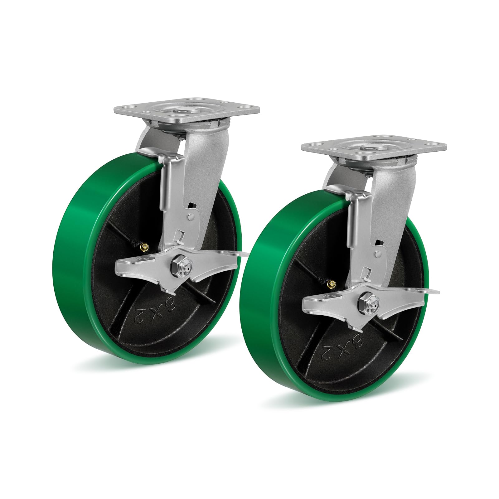 HANDSAMMU 8 Inch Caster Wheels, Heavy Duty Caster with Strong Load-Bearing, Polyurethane Wheel on Steel Hub, Supports 1500 lbs Each(2 Pack Brake)