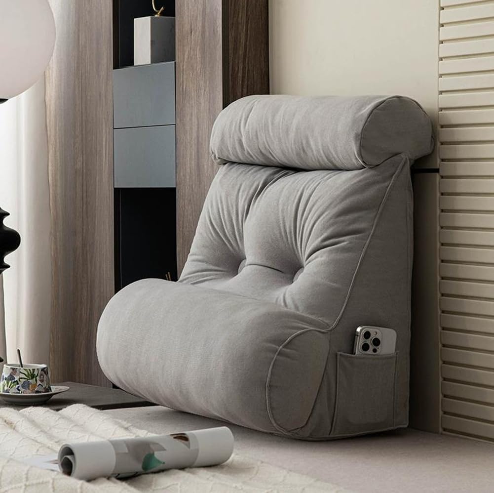 HEANCRIE Ergonomic Lumbar Positioning Support Reading Pillow with Neck Bolster,60cm Thicken Backrest Cushion,Elasticity Headrest Pad with Side Pocket for Bed Relax (Light Grey,60X50X30CM)
