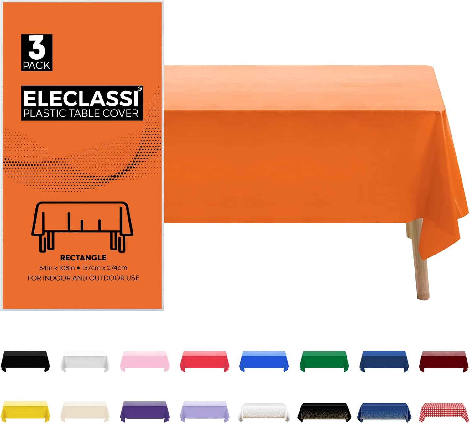 Eleclassi 3 Pack Premium Orange Plastic Table Cloth Disposable Tablecloth 54 x 108 in - Waterproof Plastic Tablecloths for Rectangle Tables Up to 8 Ft - Halloween Tablecloth Plastic Rectangle - 3 Pack Orange