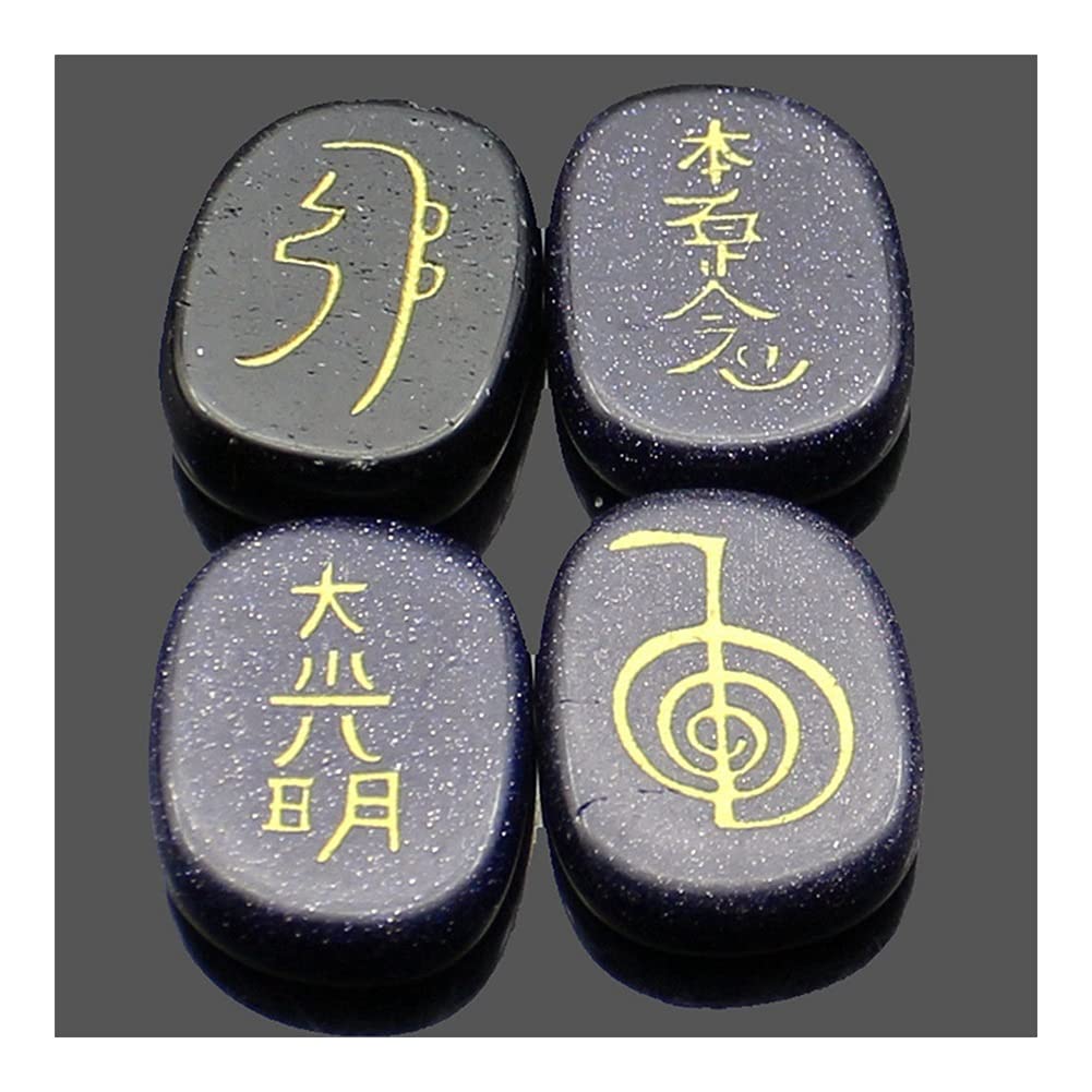 Chakra Stone Set Carved Four Energy Symbols Healing Crystal Reiki Stone Powder Crystal Amethyst Labradorite Opal Suitable for Yoga Meditation Decoration Ornaments(4pc) Gift (Color : Lansha Stone)