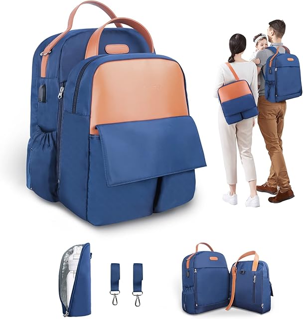 Ezebaby Baby Changing Backpack, 2-in-1 Nappy Diaper Bags, Travel Large Bags, with Insulated Pocket, USB Charging Port, Stroller Straps, for Babies, Mum and Dad (Blue)