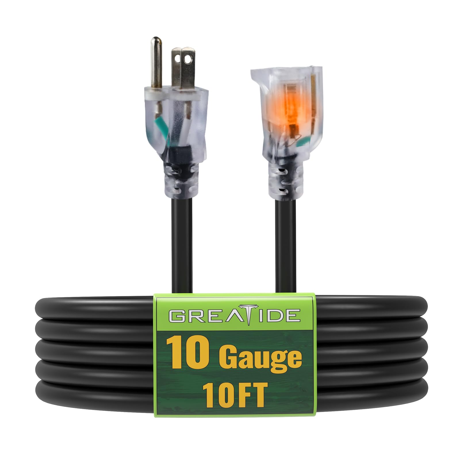 GREATIDE 10 Ft Lighted Outdoor Extension Cord - 10/3 SJTW Heavy Duty Black Extension Cable with 3 Prong Grounded Plug for Safety