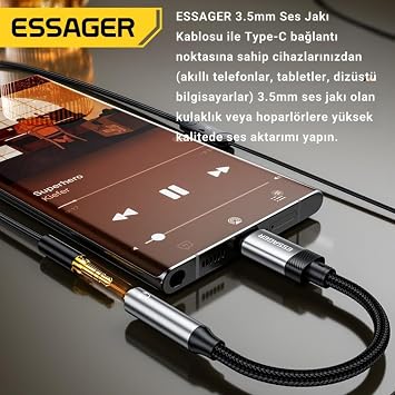 Essager 15CM Type C To 3.5mm Aux Kulaklık Ses Dönüştürücü Adaptör, Hifi Ses Destekli Aux Çevirici