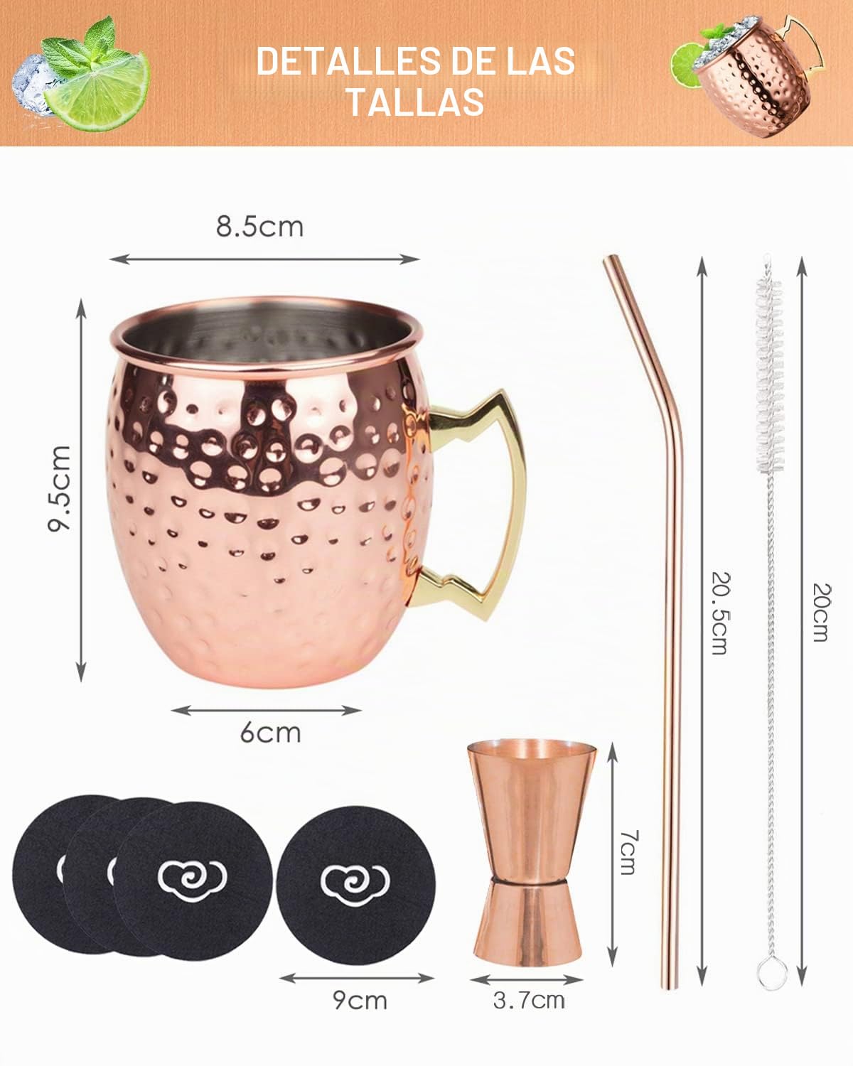 LIVEHITOP Moscú mula Cobre Tazas 4 Piezas, 19.5 oz Copa Cobre con 4 Posavasos, 4 Pajitas, Pincel Jigger y Paja, Conjunto Regalo Taza para el Hogar, Bar, Fiesta (4)