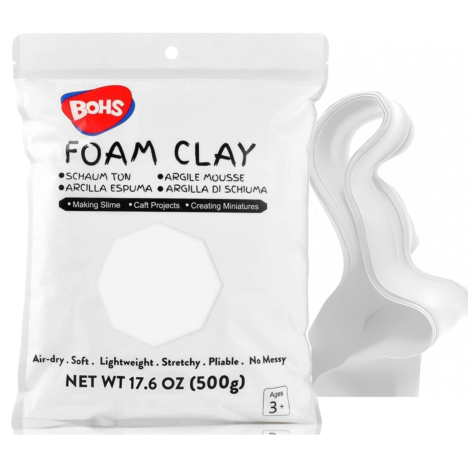 BOHSAir Dry Foam Modelling Clay Lite - for Arts & Crafts Project,Cosplay,Figurines - Soft, No Cracks, No Stains - Easy Modeling, Sculpting, Molding- 500Grams/1.1Lbs,White