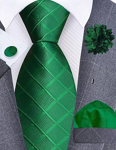 Image of GUSLESON 3.15 inch(8cm) Mens Tie and Lapel Pin Plaid Checkered Necktie Hankerchief Cufflinks Set for Men