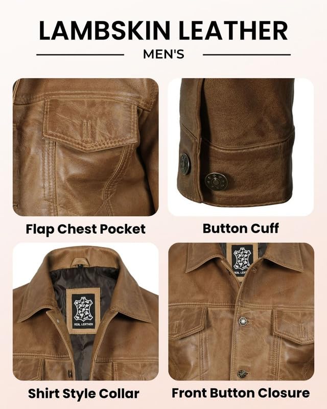Image of Blingsoul Men's Leather Jacket - Real Full-Grain Lambskin Trucker Jacket for Men