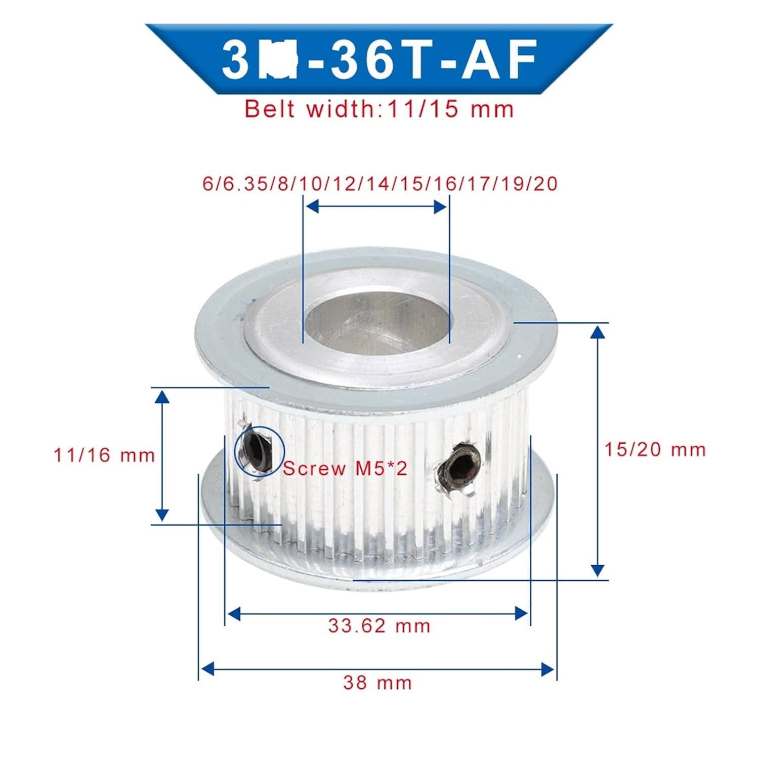 Synchronous Pulley 3-mode-36T arc Tooth Hole 6/6.35/8/10/12/14/15/16/17/19/20 mm Aluminum Pulley Width 10 mm(15x5x2.3 mm)