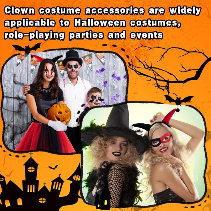 Watayo 13 Pcs Women Halloween Clown Costume Set, Black Red Clown Cosplay Outfit Accessories, Clowns Skirt Necklace Headband Sock Glove Mask Earrings Horror Stickers Balloon for Adults Halloween Party - Image 7