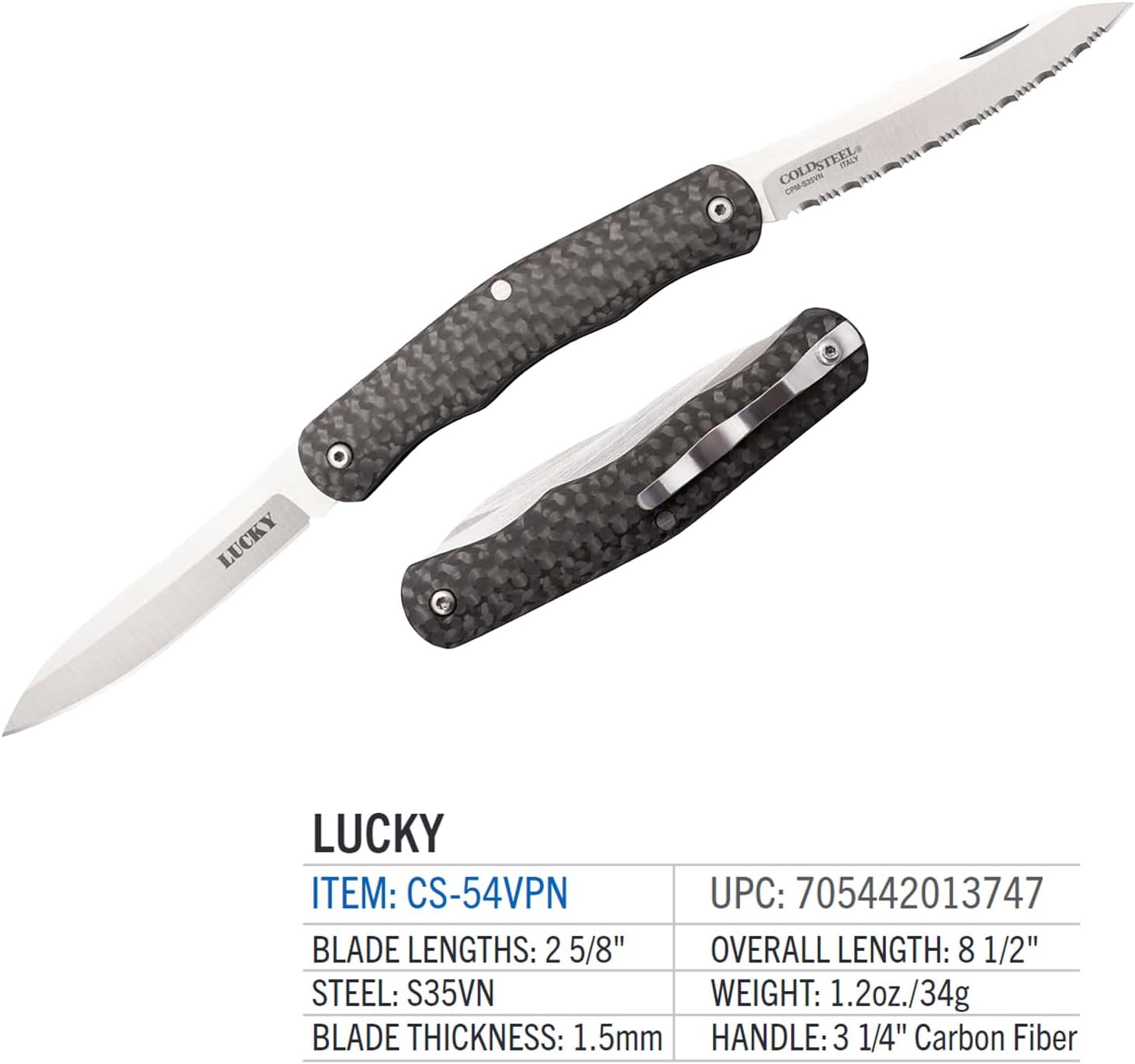 COLD STEEL Lucky Twin 2.625" S35VN Blades 3.25" Carbon Fiber Handle Everyday Carry Compact Pocket Folding Knife w/Slip Joint Lock