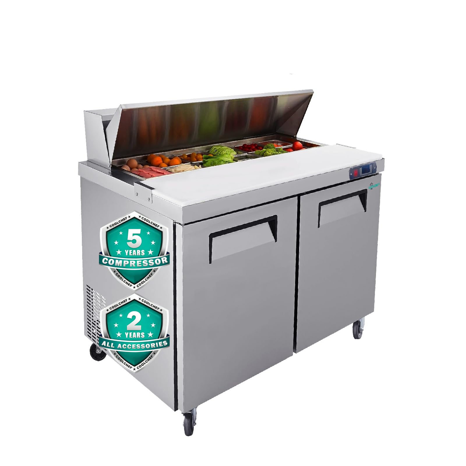COOLCHEF Commercial 48″ Sandwich & Salad Prep Table Refrigerator – 14 cu.ft, R290, Two-Door Stainless Steel, Auto Defrost