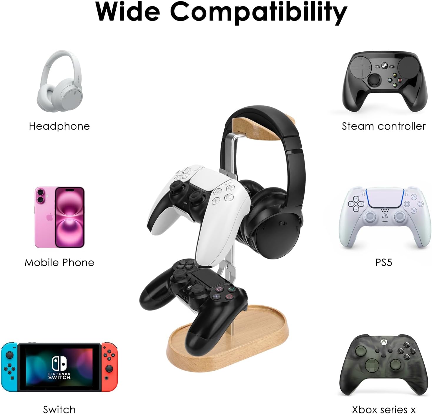 GEEKRIA 2-in-1 Headphone Stand & Gaming Controller Stand, Wood & Aluminum Hanger for PS5/PS4, Xbox One, Nintendo Switch, Compatible with Sennheiser, Bose, Beats, Razer, HyperX, Sony (Beech)