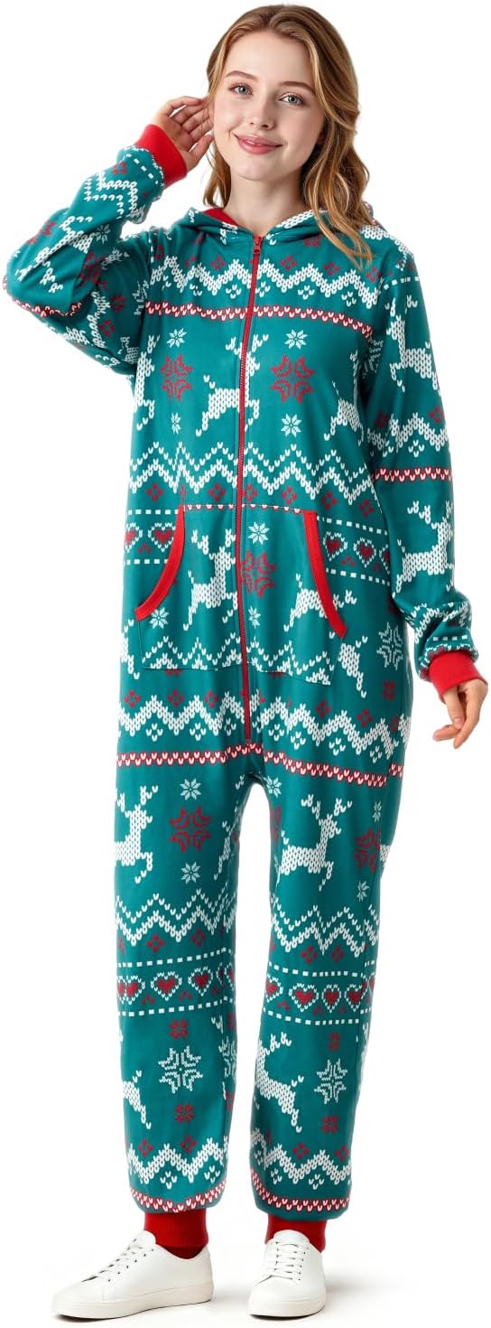 Giggling Getup Matching Pajamas for Couples, Christmas Pajamas for Women and Men, Nordic Reindeer Pattern Hooded Jumpsuits - Image 6