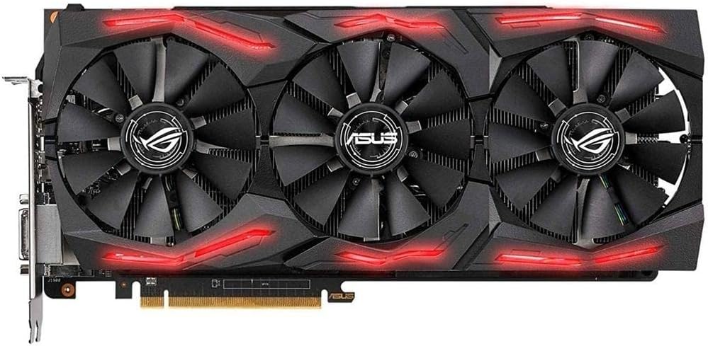 Front view of ASUS ROG Strix RX Vega 64 Graphics Card with illuminated RGB