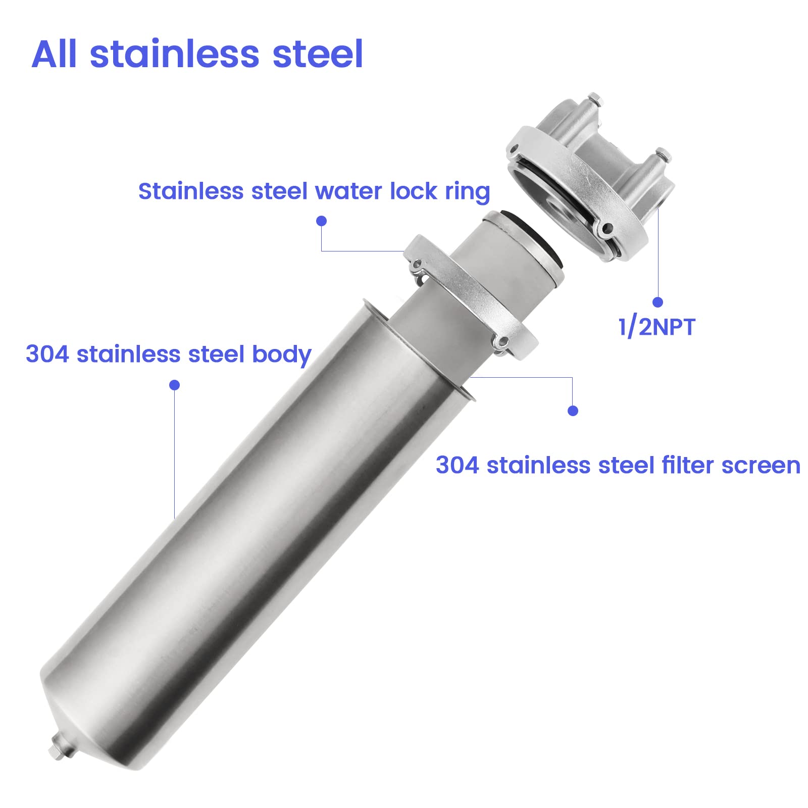 NSF Edelstahl-Filtergehäuse für 10"/20" Filterpatrone, 1/2" NPT Wasserfiltergehäuse für das ganze Haus Wasseraufbereitung von Edelstahl 304 (10" C-Gehäuse)