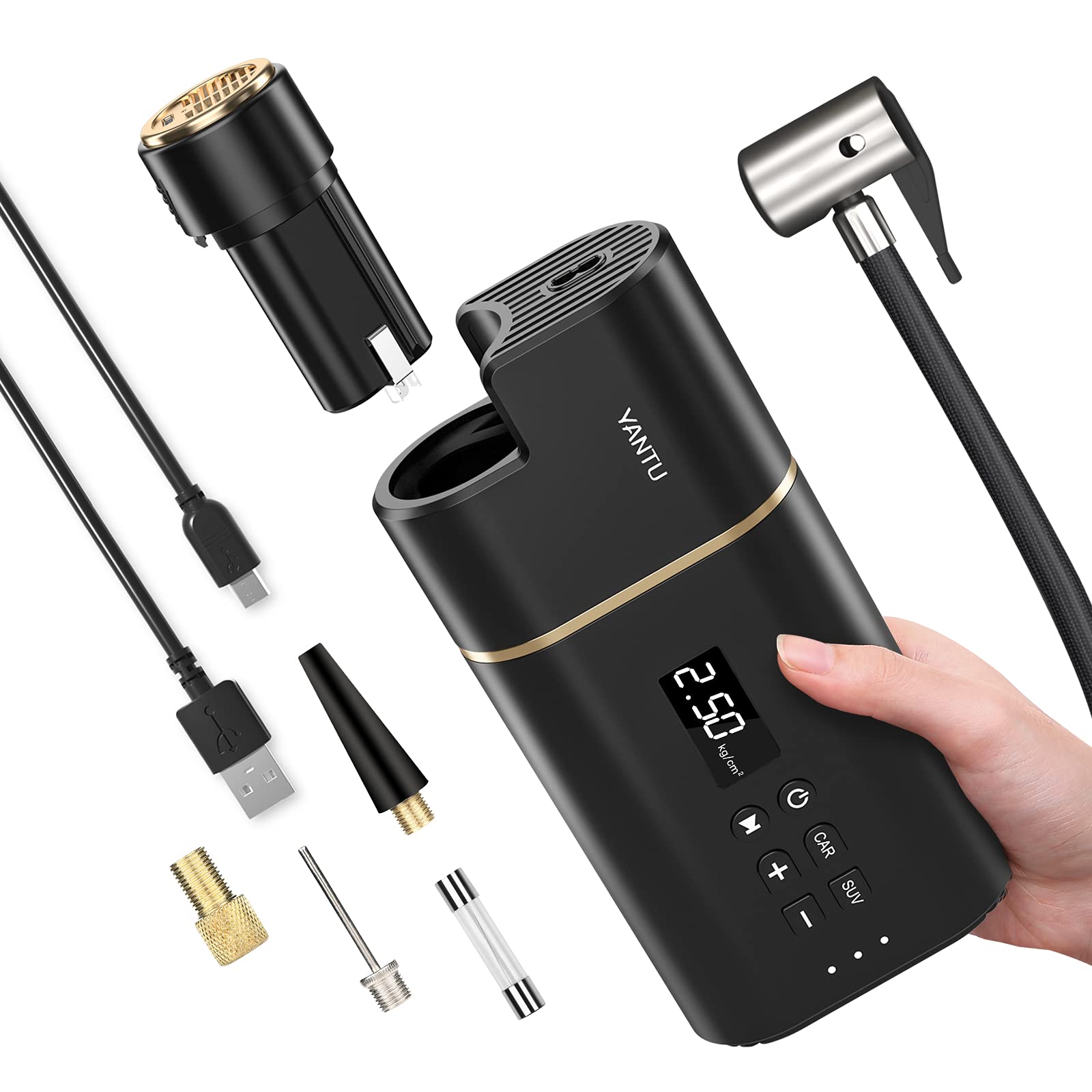 Amazon | YANTU エアコンプレッサー 車 空気入れ 6000mAH USB充電式