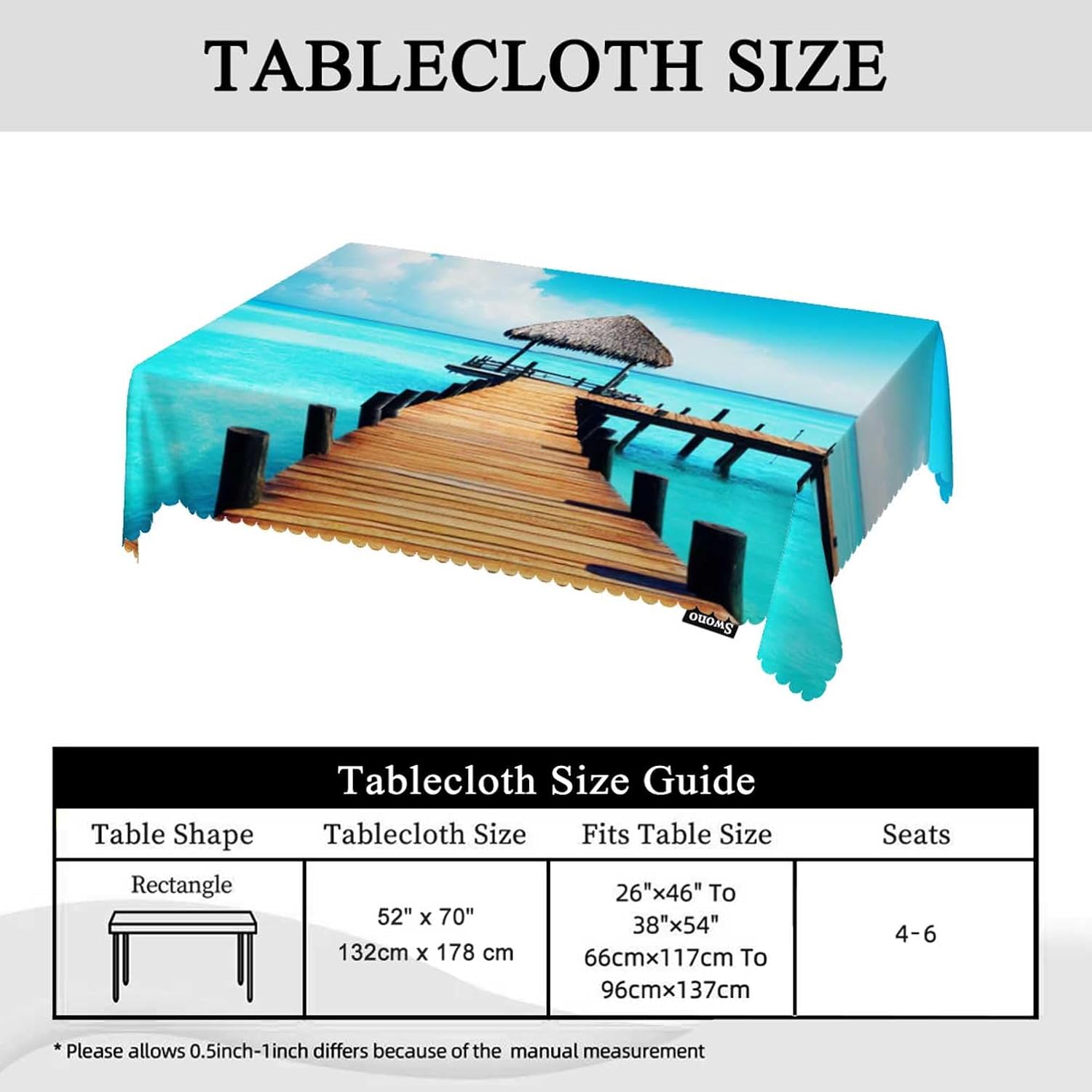Swono Wooden Dock Rectangular Tablecloth Ocean Beach Tropical Island Seashore Washable Table Cloth Kitchen Dining Room Table Cover for Party Dinner 50x72 Inch Tablecloths