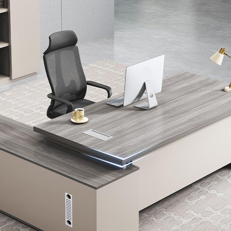Image of Lakdi The Furniture Co Director & Boss L-Shape Office Table Luxury Executive Desk Made in Particle Board with Wire Manager 3 Drawers Lockable and Storage for a Modern Workspace - Beige Grey - LDL-609