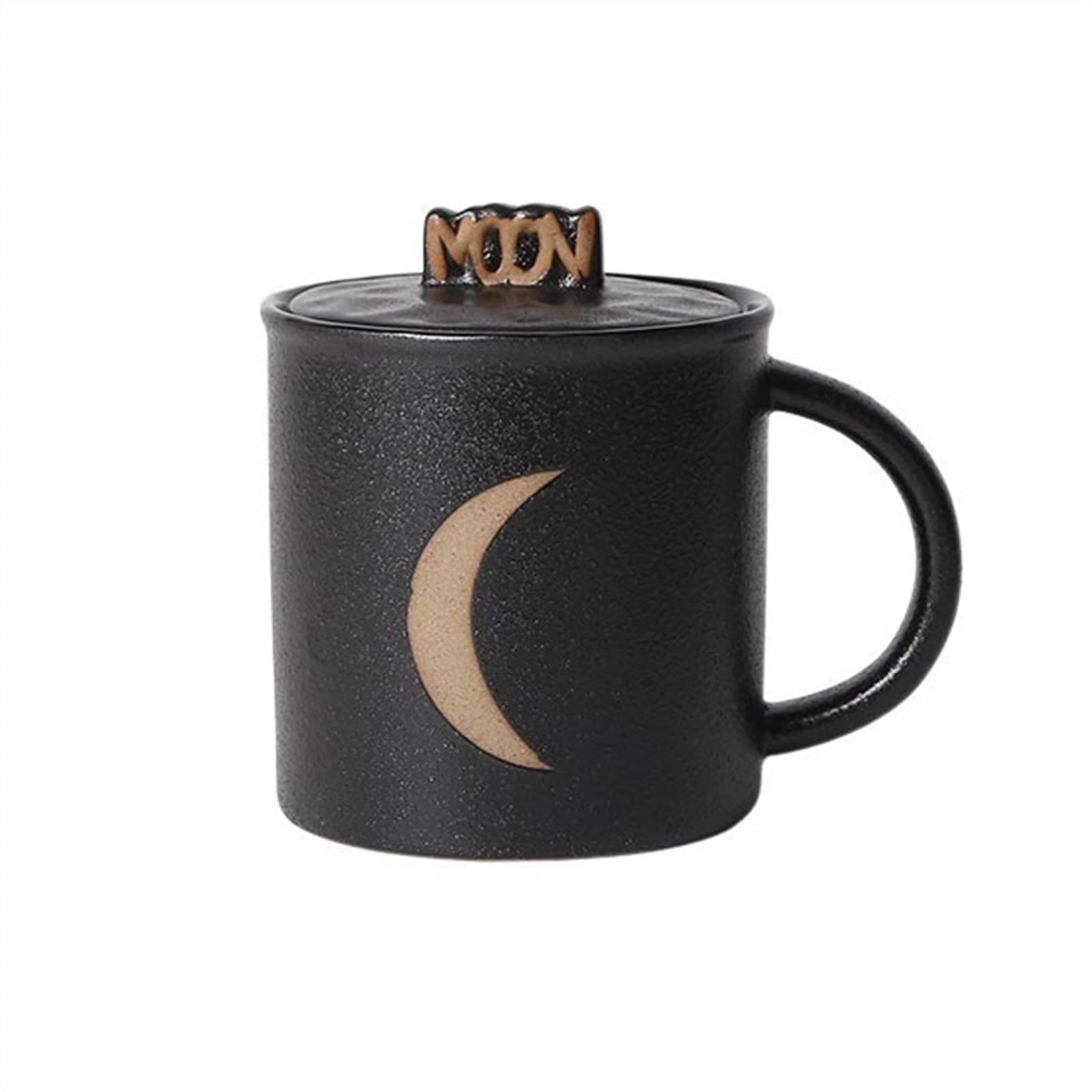 Becher Tassen 400 ml grobe Keramik-Wassertasse mit Deckel, Sonne-Mond-Muster, Haushalt, Paarbecher, Büro, gebrühte Kaffeetasse Kaffee-Trinkbecher (Color : Schwarz)