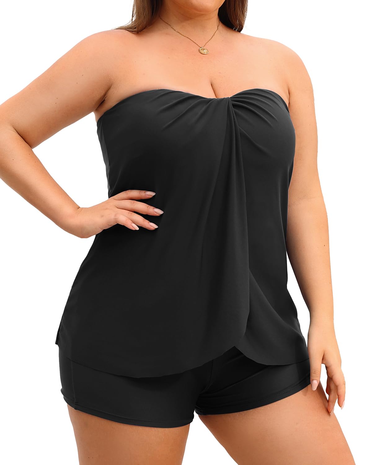 Plus Size Bandeau Tankini 2 Piece Halter Swimsuit with Shorts