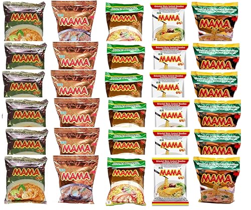 Mama Oriental Style instant noodles Mix Flavor Bundle Package Total 30 Packs (5 Flavor Mix shrimp Tom Yum Flavor, shrimp creamy Tom Yum, Artificial PA-lo Duck, Artificial Chicken, Artificial Pork) 5 flavors 6bag each