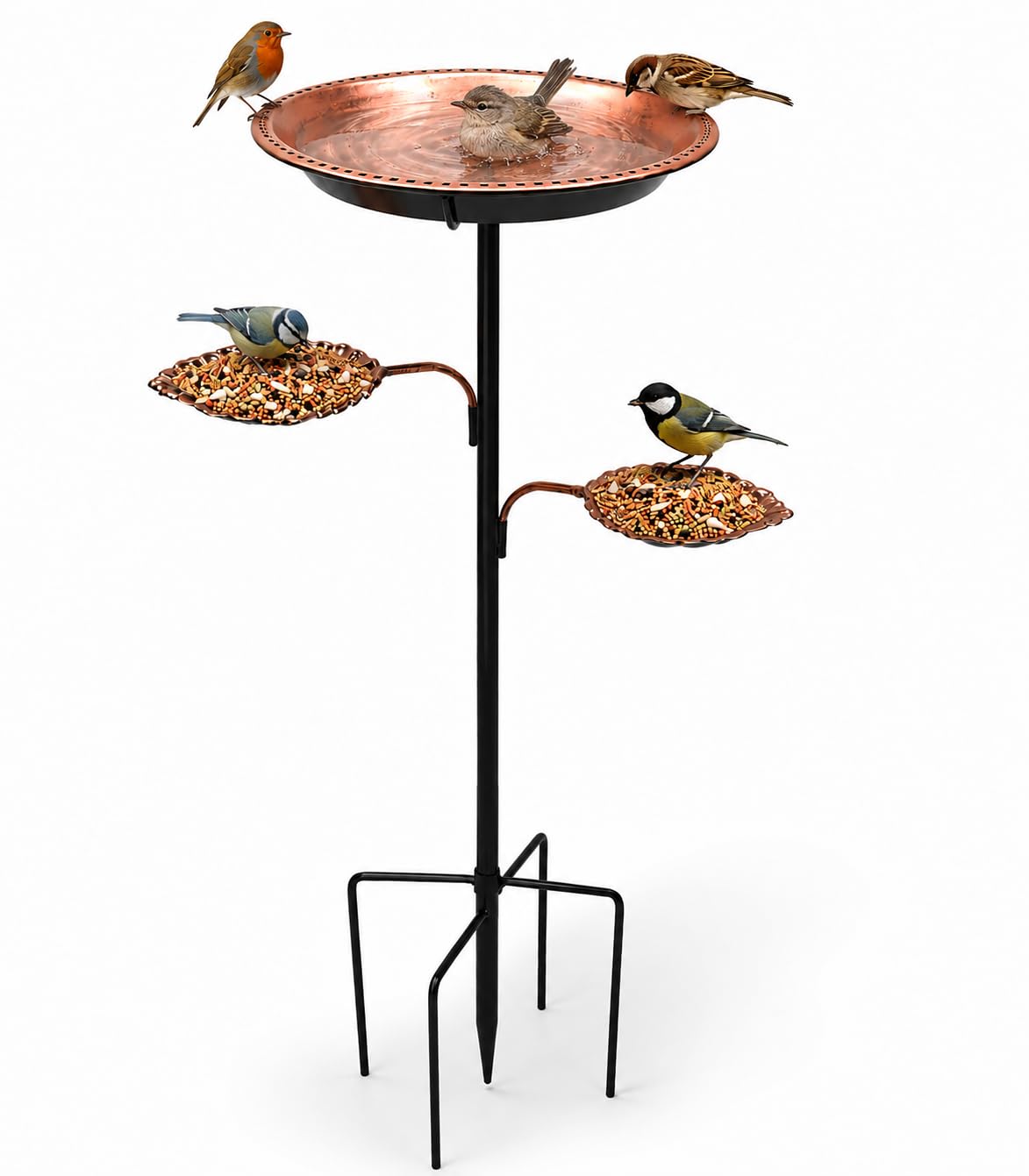 Metal Bird Bath for Garden, 30cm Bird Baths for Gardens with 2 Leaf Bird Feeder Bowls, Outdoor Bird Bath and Feeder Station, Freestanding Bird Table with 5-Prong Ground Stake for Wild Birds
