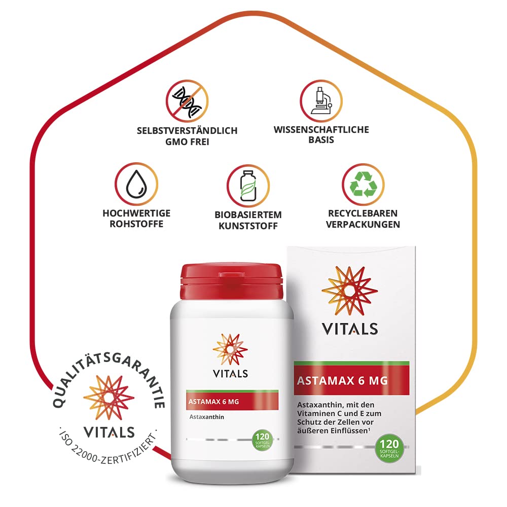 Vitals - Astamax 6mg hohe Dosis Astaxanthin 120 Softgel-Kapseln. Natürliches Astaxanthin aus Algen mit Vitamin C und E. Mit AstaReal vom Astaxanthin-Experten AstaReal